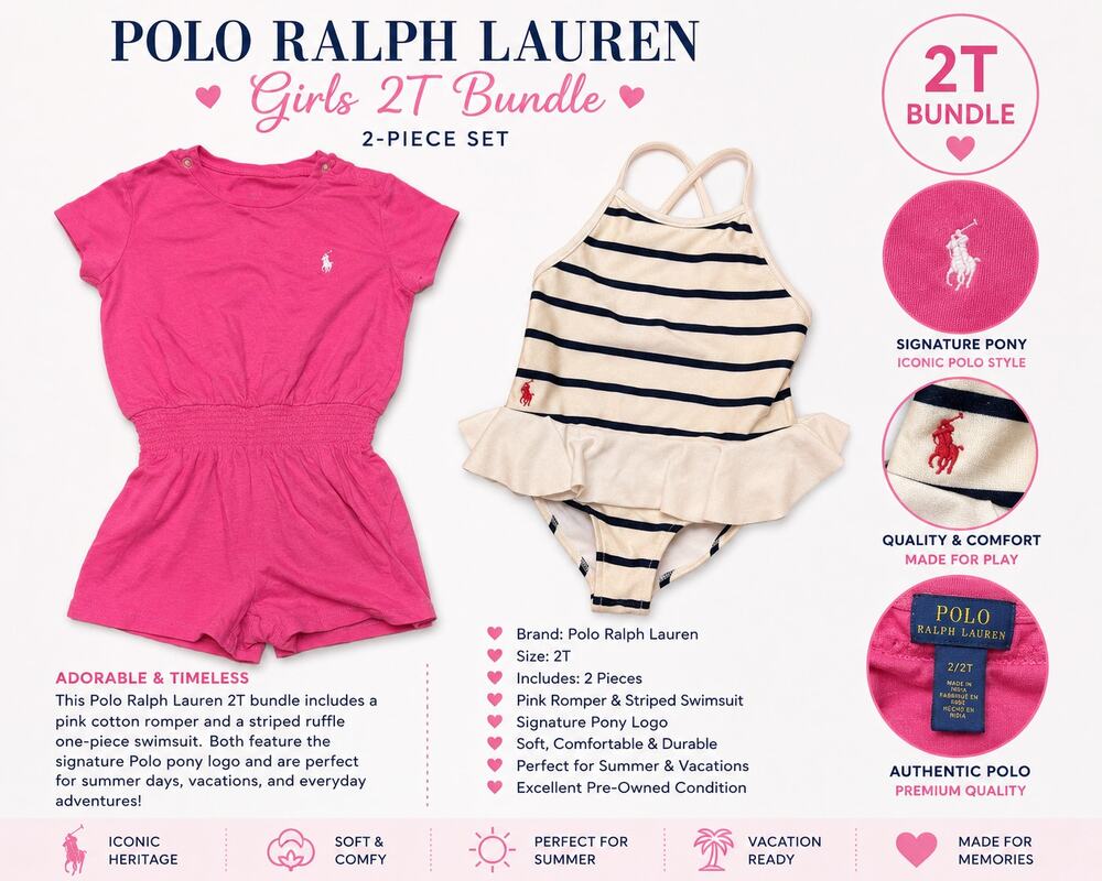 Polo Ralph Lauren Girls 2T Summer 2-pc Bundle Swimsuit + Romper